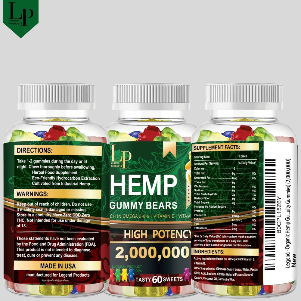 Legend - Hemp Gummies 2,000,000mg High Potency Natural Hemp Oil Infused Gummies for Restful Sleep, Calm, Inflammation – Fruity Flavors Organic Hemp Extract Gummies (60 Gummies)